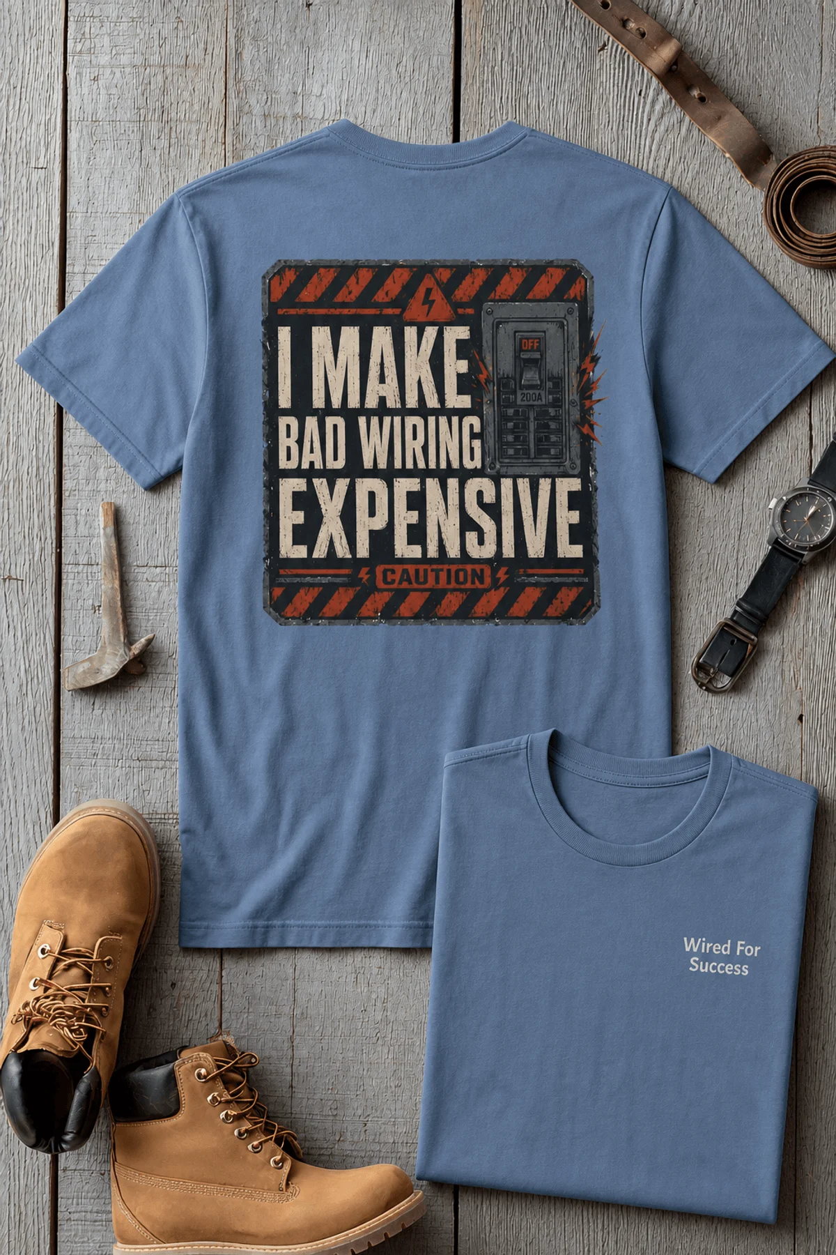 Funny Electrician Tech Tee - Back "I Make Bad Wiring Expensive" — Front "Wired For Success" Vintage Work Tee — steel-blue — Flat-lay Funny Electrician Tech Tee - Back "I Make Bad Wiring Expensive" — Front "Wired For Success" Vintage Work Tee — steel-blue t-shirt, flat-lay product photo | Pressure Tested Co