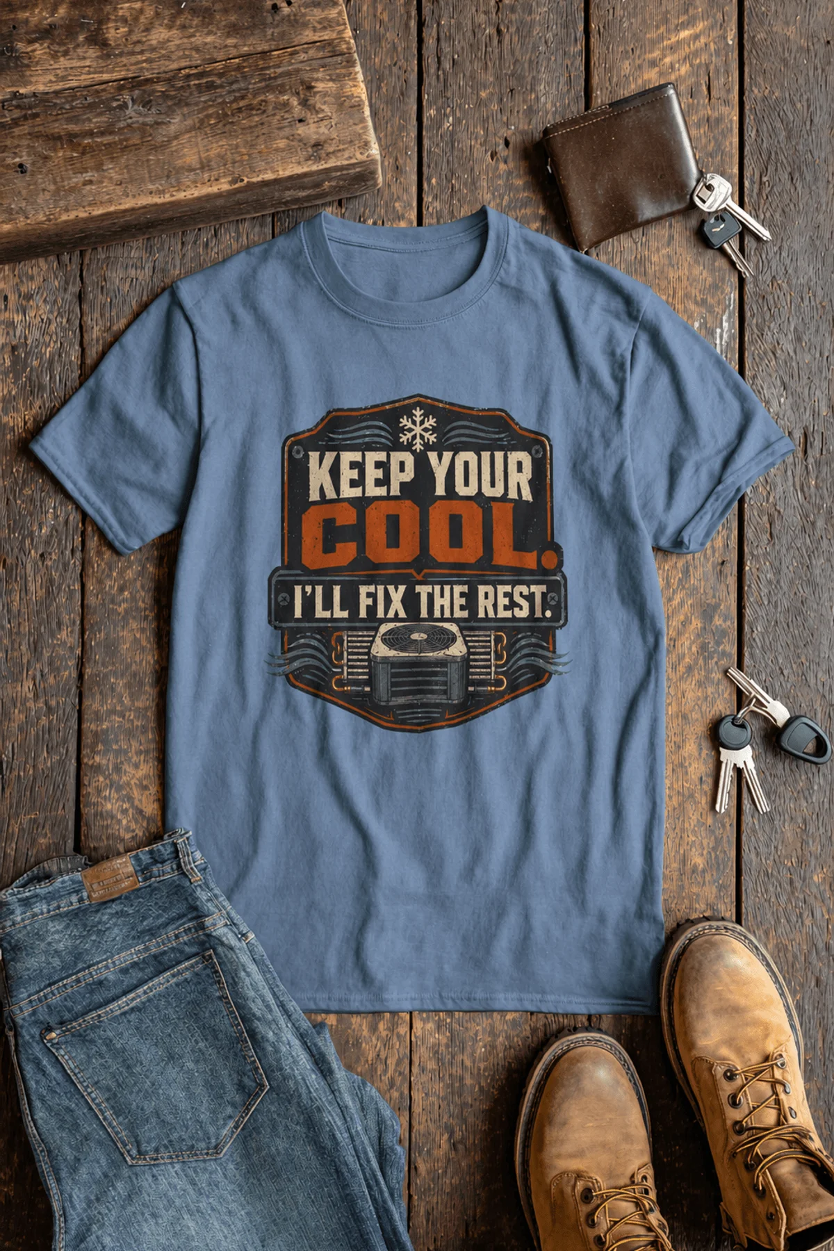 Funny HVAC Tee Shirt "Keep Your Cool. I'll Fix The Rest." T-Shirt – Vintage GraphicTee — steel-blue — Flat-lay Funny HVAC Tee Shirt "Keep Your Cool. I'll Fix The Rest." T-Shirt – Vintage GraphicTee — steel-blue t-shirt, flat-lay product photo | Pressure Tested Co