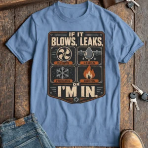 HVAC Technician T‑Shirt — "If It Blows, Leaks, Freezes or Burns I'm In" Retro Tradesmen Tee — steel-blue t-shirt, flat-lay product photo | Pressure Tested Co