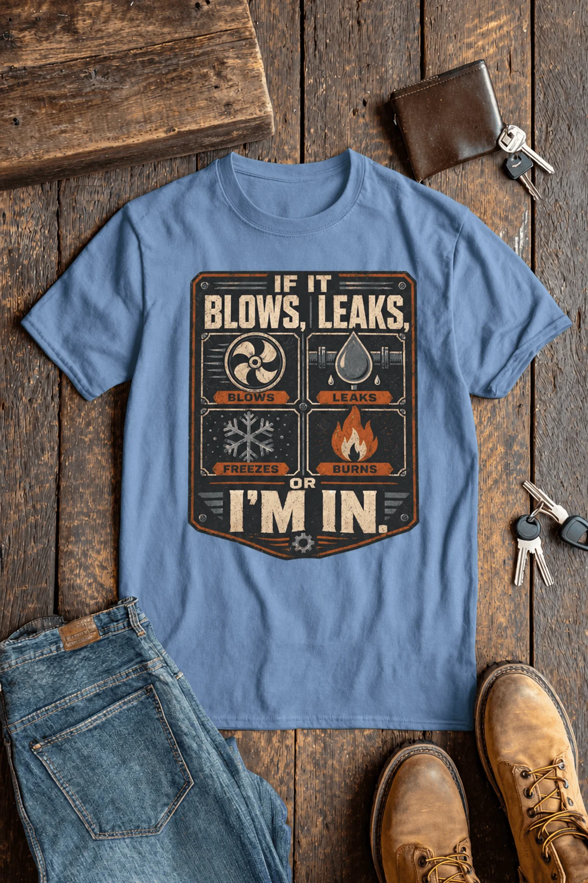 HVAC Technician T‑Shirt — "If It Blows, Leaks, Freezes or Burns I'm In" Retro Tradesmen Tee — steel-blue — Flat-lay HVAC Technician T‑Shirt — "If It Blows, Leaks, Freezes or Burns I'm In" Retro Tradesmen Tee — steel-blue t-shirt, flat-lay product photo | Pressure Tested Co