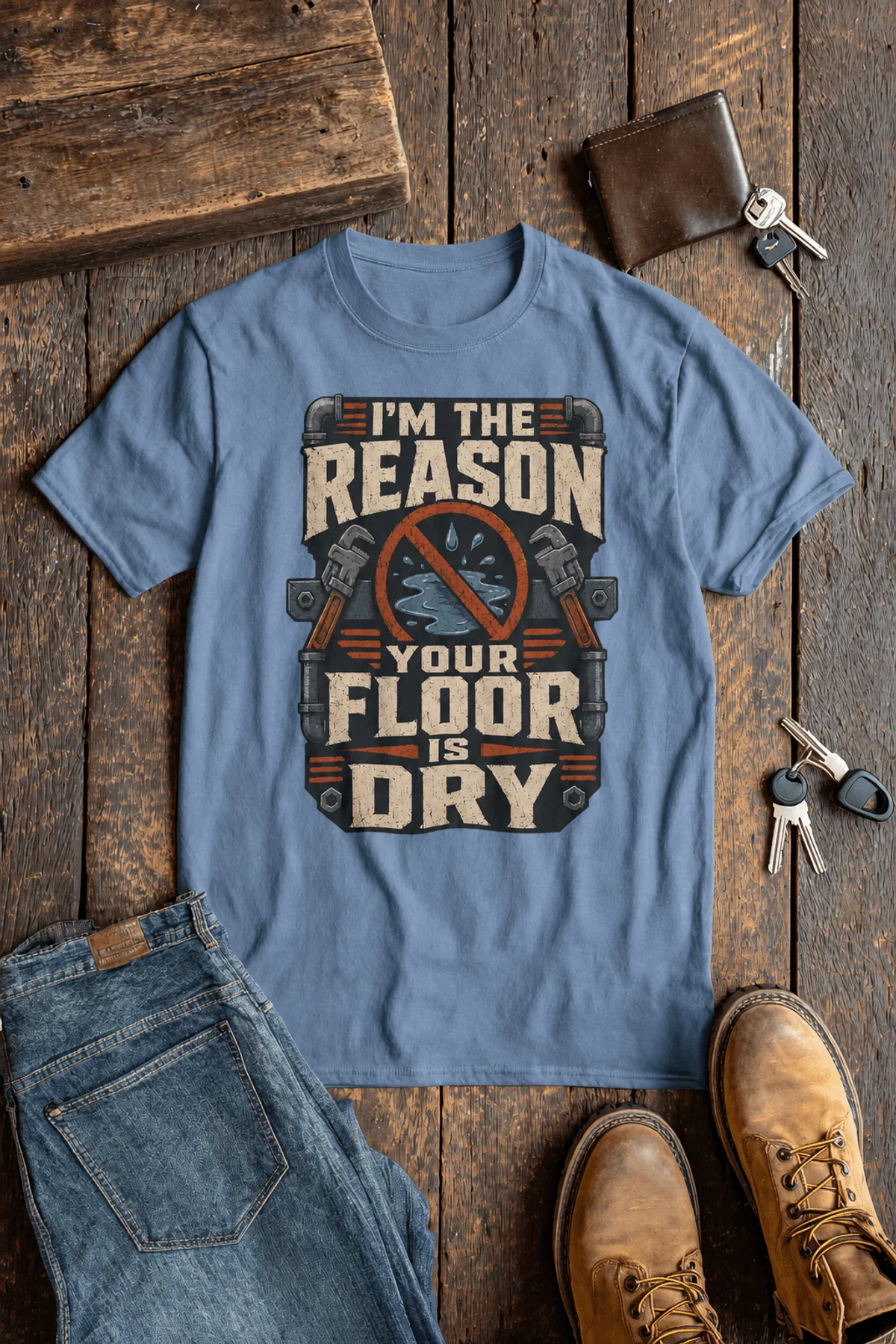 Plumber T‑Shirt – "I'm the Reason Your Floor Is Dry" Vintage Plumbing Tee — steel-blue — Flat-lay Plumber T‑Shirt – "I'm the Reason Your Floor Is Dry" Vintage Plumbing Tee — steel-blue t-shirt, flat-lay product photo | Pressure Tested Co