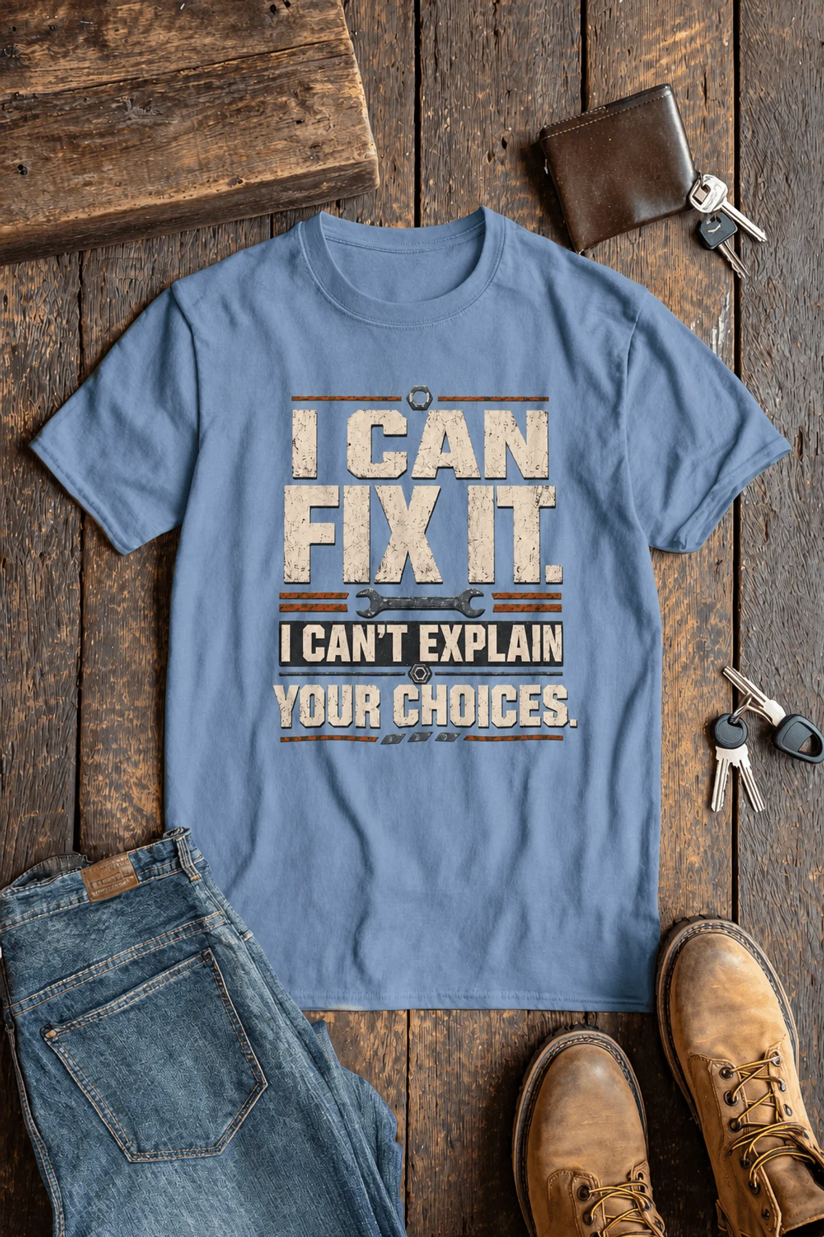 Sarcastic Mechanic T‑Shirt – "I Can Fix It. I Can't Explain Your Choices" Vintage Mechanic Shirt - DIY Repair Tee — steel-blue t-shirt, flat-lay product photo | Pressure Tested Co
