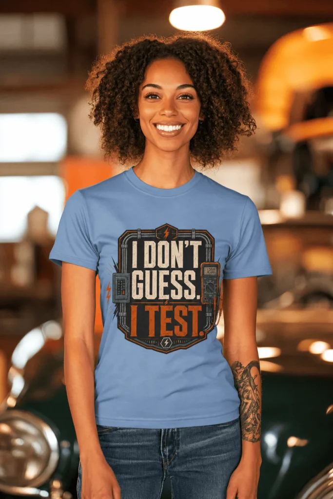 I Don't Guess I Test T-Shirt — Funny Tech Tee for Engineers and Electricians — steel-blue t-shirt, model photo | Pressure Tested Co