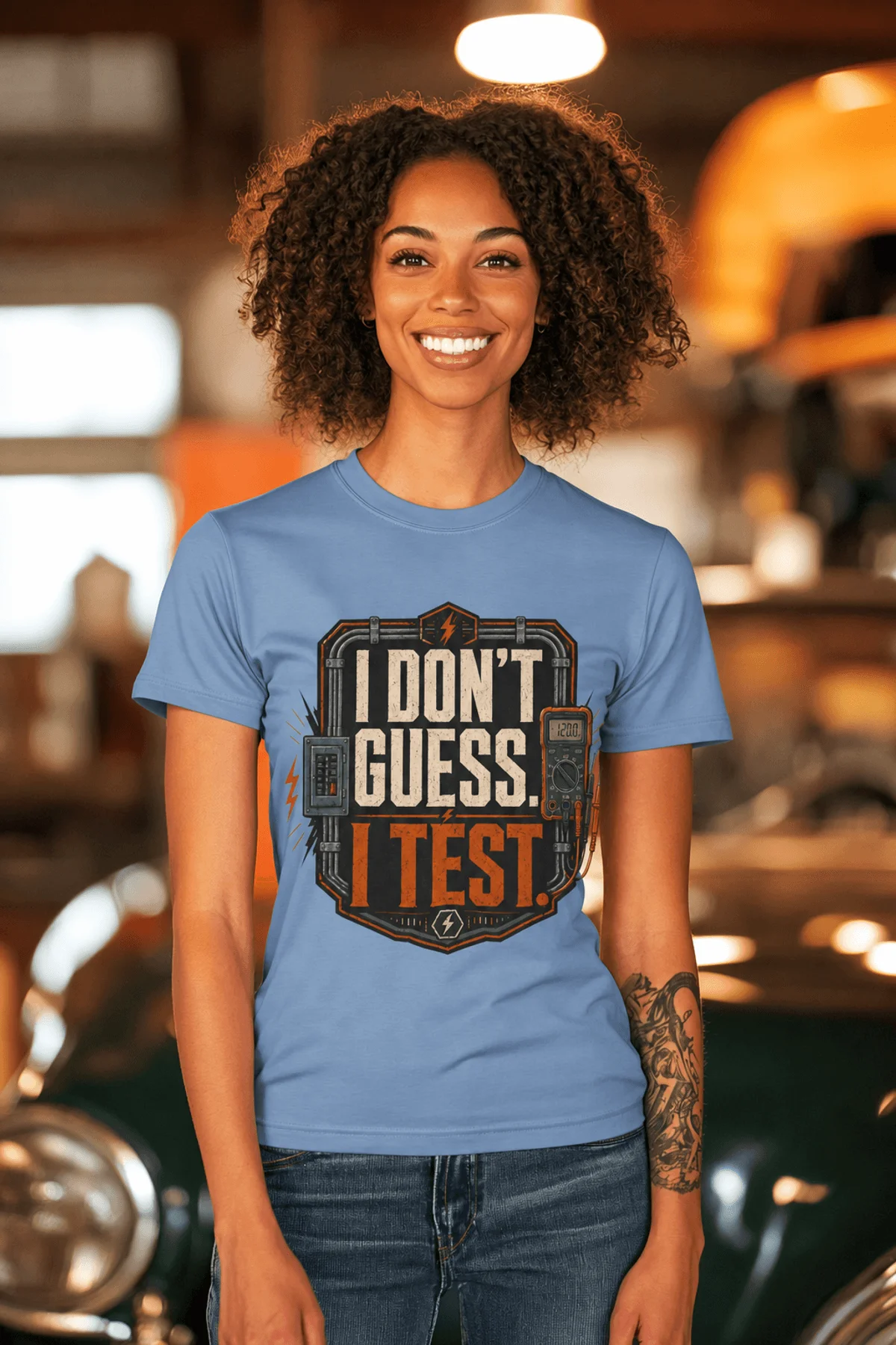 I Don't Guess I Test T-Shirt — Funny Tech Tee for Engineers and Electricians — steel-blue — Model I Don't Guess I Test T-Shirt — Funny Tech Tee for Engineers and Electricians — steel-blue t-shirt, model photo | Pressure Tested Co