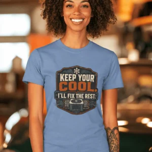 Funny HVAC Tee Shirt "Keep Your Cool. I'll Fix The Rest." T-Shirt – Vintage GraphicTee — steel-blue t-shirt, model photo | Pressure Tested Co