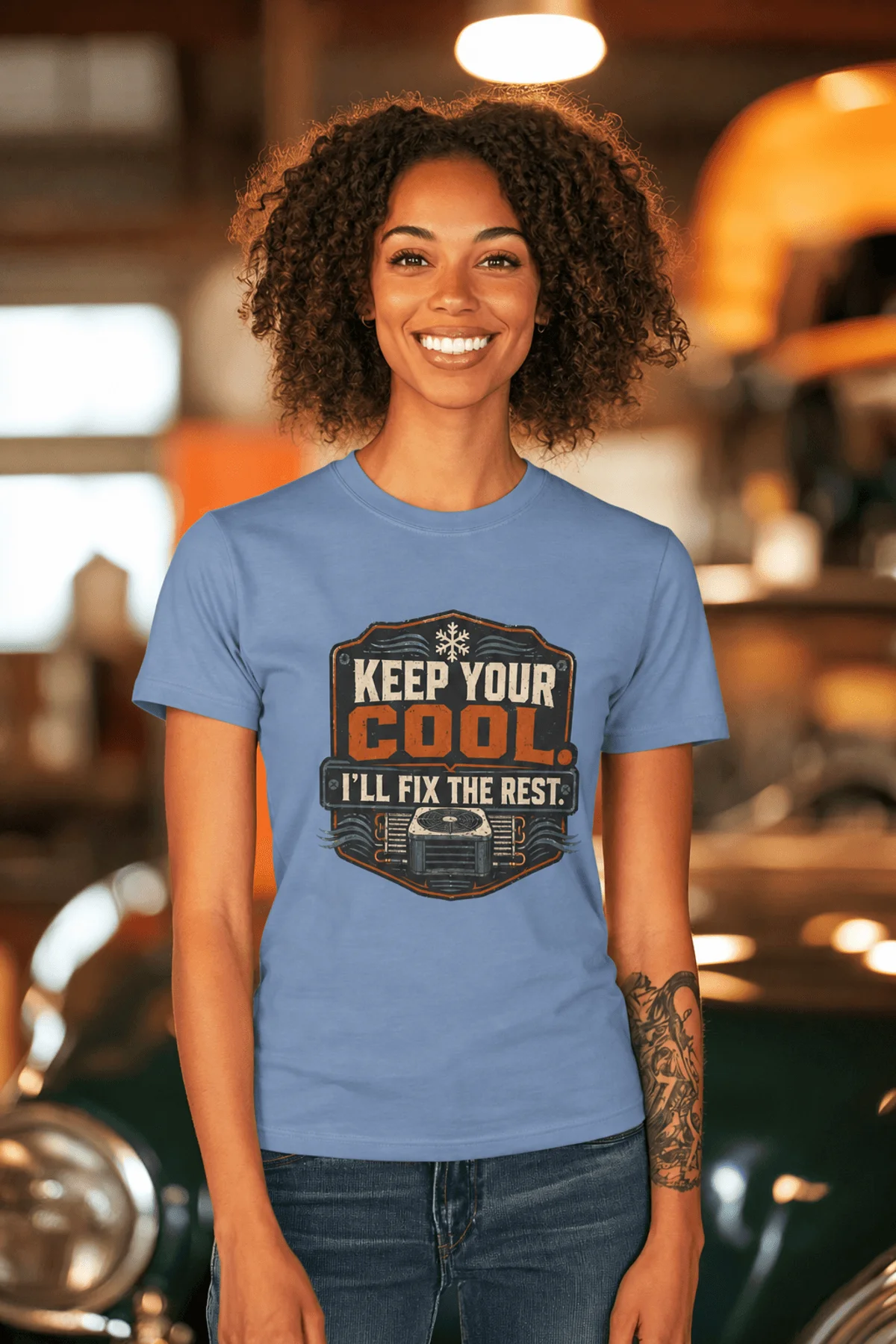Funny HVAC Tee Shirt "Keep Your Cool. I'll Fix The Rest." T-Shirt – Vintage GraphicTee — steel-blue — Model Funny HVAC Tee Shirt "Keep Your Cool. I'll Fix The Rest." T-Shirt – Vintage GraphicTee — steel-blue t-shirt, model photo | Pressure Tested Co