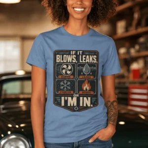 HVAC Technician T‑Shirt — "If It Blows, Leaks, Freezes or Burns I'm In" Retro Tradesmen Tee — steel-blue t-shirt, model photo | Pressure Tested Co