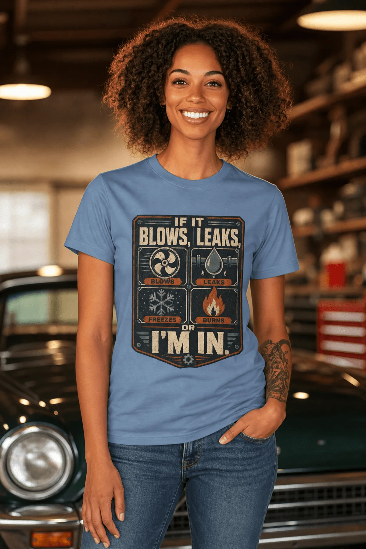 HVAC Technician T‑Shirt — "If It Blows, Leaks, Freezes or Burns I'm In" Retro Tradesmen Tee — steel-blue — Model HVAC Technician T‑Shirt — "If It Blows, Leaks, Freezes or Burns I'm In" Retro Tradesmen Tee — steel-blue t-shirt, model photo | Pressure Tested Co