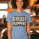 Grease Happens T-Shirt — Funny Mechanic Garage Tee — steel-blue — Model Grease Happens T-Shirt — Funny Mechanic Garage Tee — steel-blue t-shirt, model photo | Pressure Tested Co