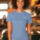 Funny Electrician Tech Tee - Back "I Make Bad Wiring Expensive" — Front "Wired For Success" Vintage Work Tee — steel-blue — Model Funny Electrician Tech Tee - Back "I Make Bad Wiring Expensive" — Front "Wired For Success" Vintage Work Tee — steel-blue t-shirt, model photo | Pressure Tested Co