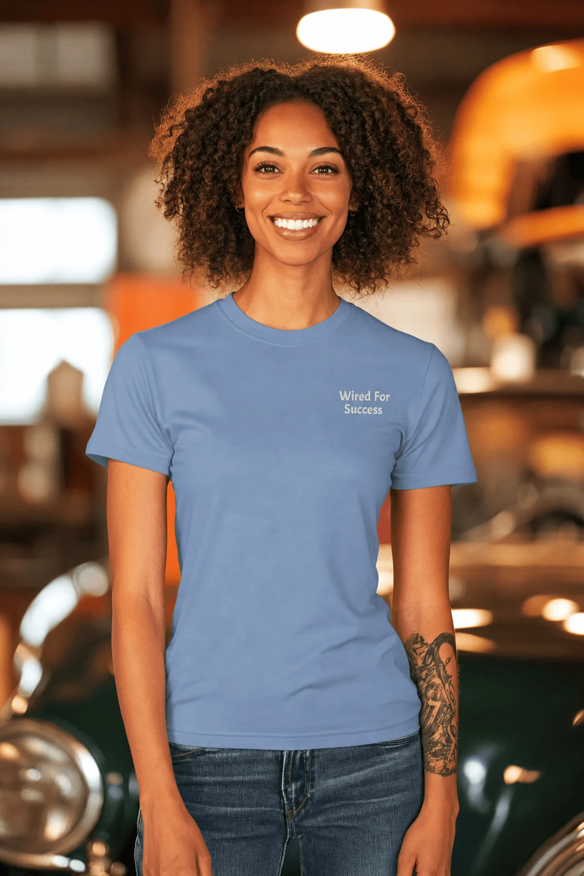 Funny Electrician Tech Tee - Back "I Make Bad Wiring Expensive" — Front "Wired For Success" Vintage Work Tee — steel-blue — Model Funny Electrician Tech Tee - Back "I Make Bad Wiring Expensive" — Front "Wired For Success" Vintage Work Tee — steel-blue t-shirt, model photo | Pressure Tested Co