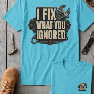 I Fix What You Ignored T-Shirt — Mechanic Wrench Tool Shirt for Technicians & DIYers — turquoise t-shirt, flat-lay product photo | Pressure Tested Co