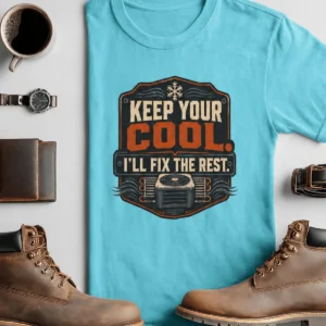Funny HVAC Tee Shirt "Keep Your Cool. I'll Fix The Rest." T-Shirt – Vintage GraphicTee — turquoise t-shirt, flat-lay product photo | Pressure Tested Co