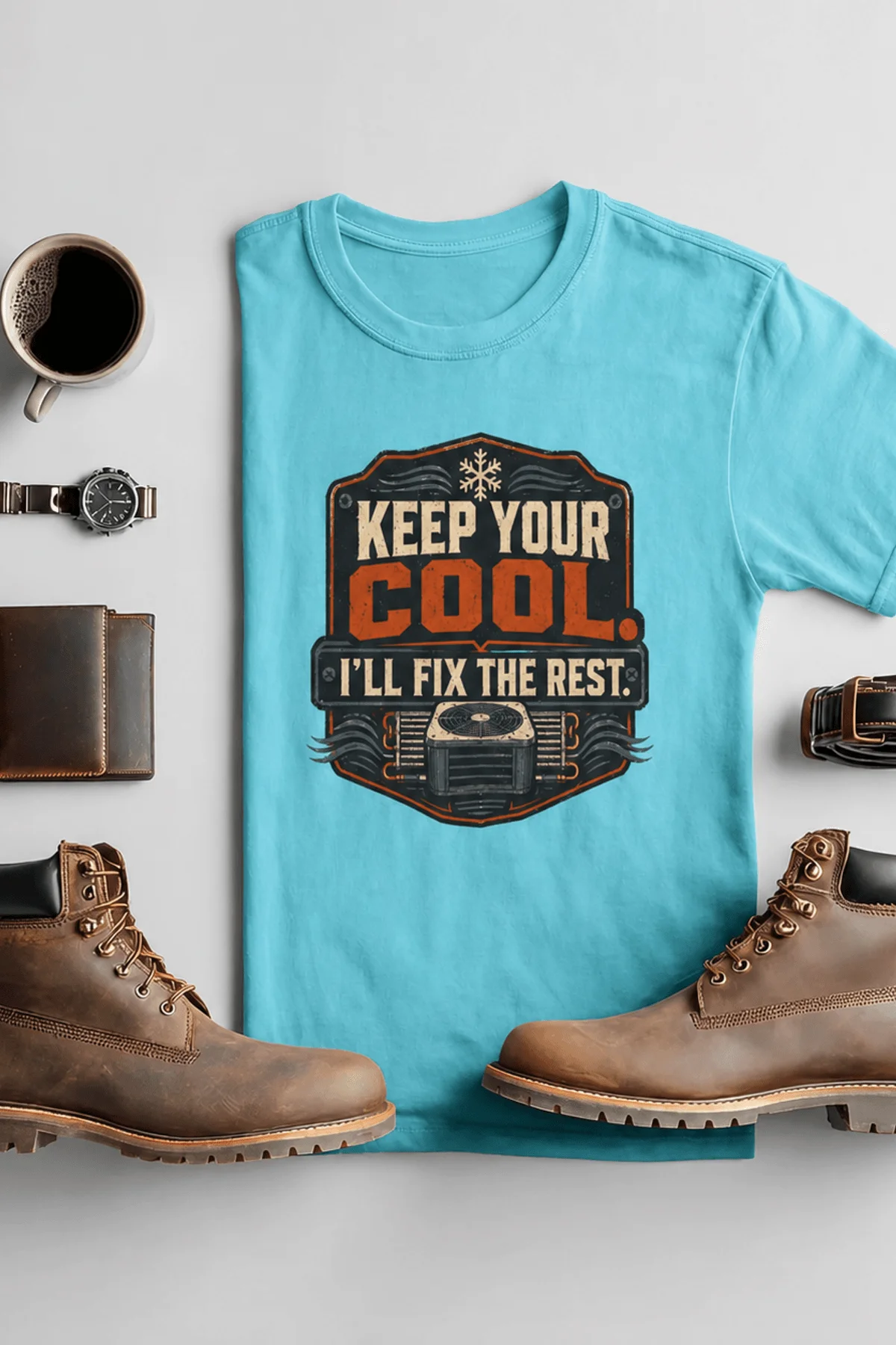 Funny HVAC Tee Shirt "Keep Your Cool. I'll Fix The Rest." T-Shirt – Vintage GraphicTee — turquoise — Flat-lay Funny HVAC Tee Shirt "Keep Your Cool. I'll Fix The Rest." T-Shirt – Vintage GraphicTee — turquoise t-shirt, flat-lay product photo | Pressure Tested Co
