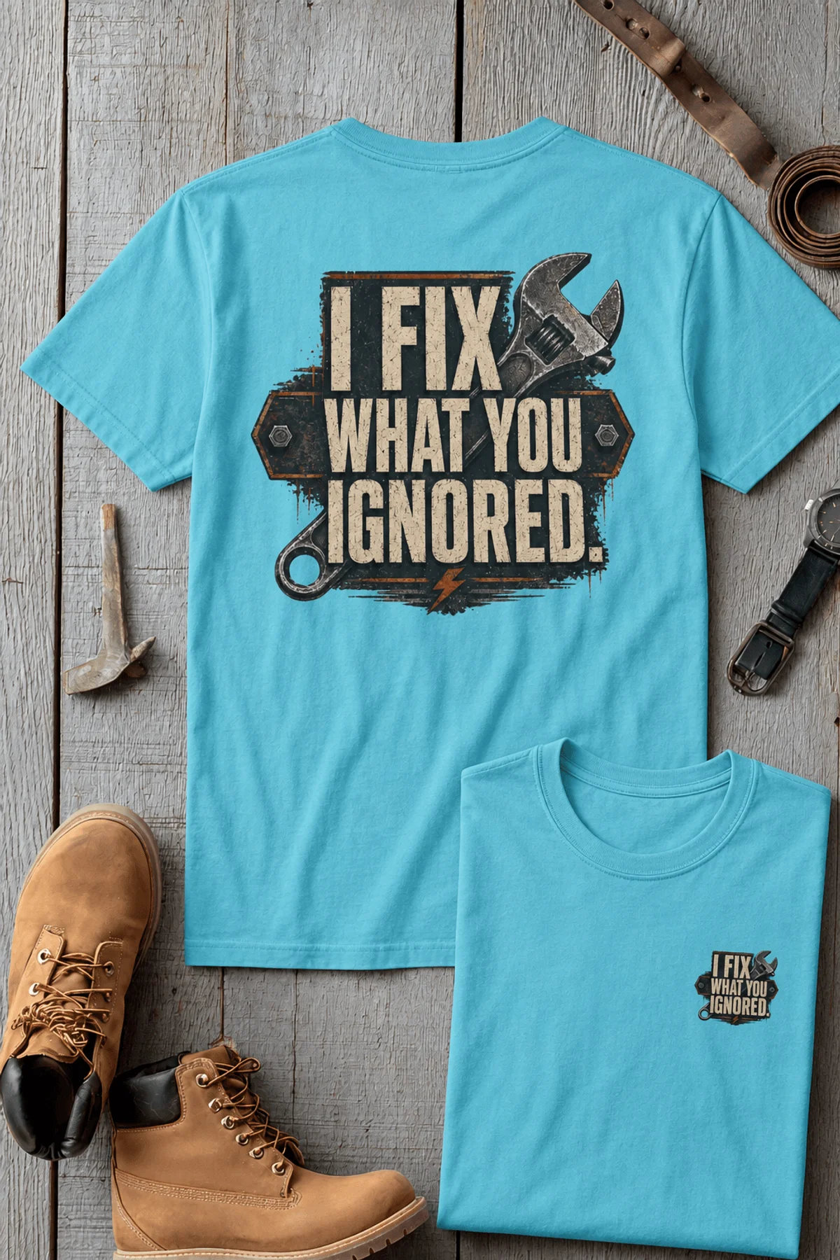 I Fix What You Ignored T-Shirt — Mechanic Wrench Tool Shirt for Technicians & DIYers — turquoise — Flat-lay I Fix What You Ignored T-Shirt — Mechanic Wrench Tool Shirt for Technicians & DIYers — turquoise t-shirt, flat-lay product photo | Pressure Tested Co