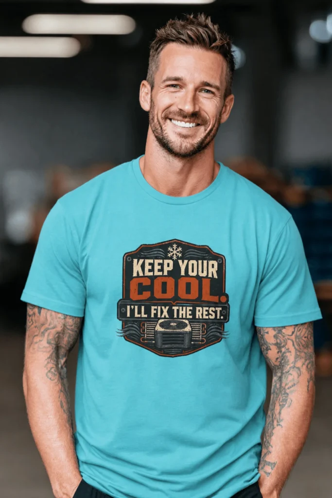 Funny HVAC Tee Shirt "Keep Your Cool. I'll Fix The Rest." T-Shirt – Vintage GraphicTee — turquoise t-shirt, model photo | Pressure Tested Co