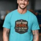 Funny HVAC Tee Shirt "Keep Your Cool. I'll Fix The Rest." T-Shirt – Vintage GraphicTee — turquoise — Model Funny HVAC Tee Shirt "Keep Your Cool. I'll Fix The Rest." T-Shirt – Vintage GraphicTee — turquoise t-shirt, model photo | Pressure Tested Co