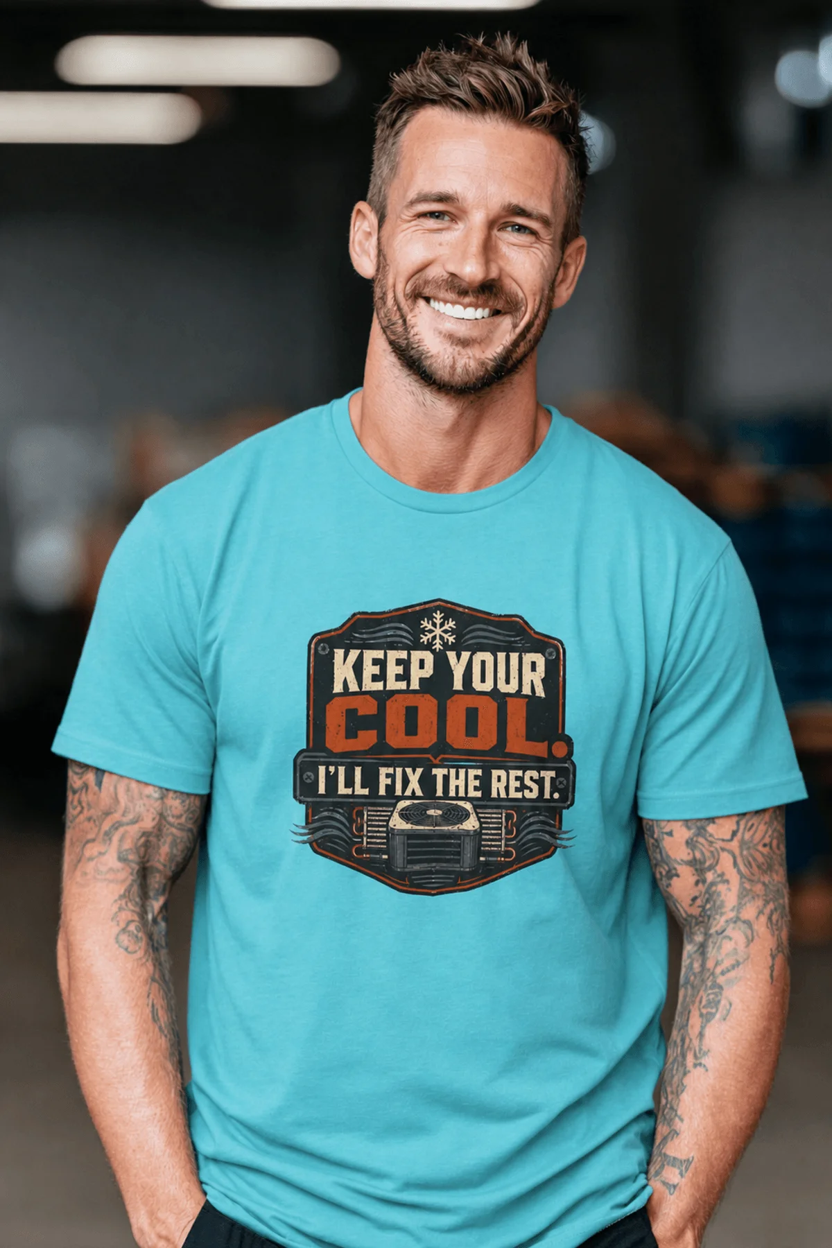 Funny HVAC Tee Shirt "Keep Your Cool. I'll Fix The Rest." T-Shirt – Vintage GraphicTee — turquoise — Model Funny HVAC Tee Shirt "Keep Your Cool. I'll Fix The Rest." T-Shirt – Vintage GraphicTee — turquoise t-shirt, model photo | Pressure Tested Co