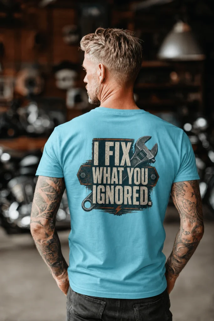 I Fix What You Ignored T-Shirt — Mechanic Wrench Tool Shirt for Technicians & DIYers — turquoise t-shirt, model photo | Pressure Tested Co