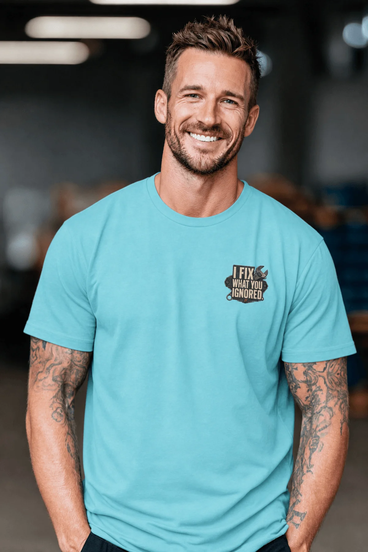 I Fix What You Ignored T-Shirt — Mechanic Wrench Tool Shirt for Technicians & DIYers — turquoise — Model I Fix What You Ignored T-Shirt — Mechanic Wrench Tool Shirt for Technicians & DIYers — turquoise t-shirt, model photo | Pressure Tested Co