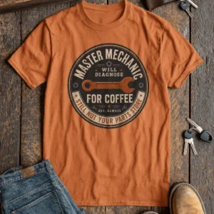 Mechanic T-Shirt — "Master Mechanic: Will Diagnose for Coffee" Retro Wrench Tee - Image 26