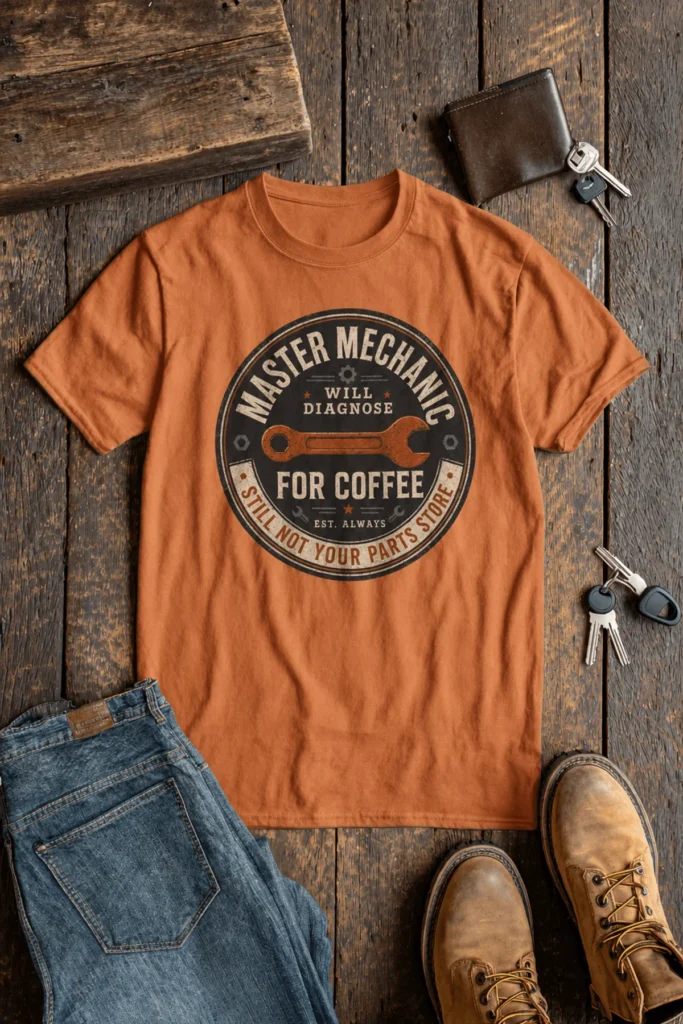 Mechanic T-Shirt — "Master Mechanic: Will Diagnose for Coffee" Retro Wrench Tee