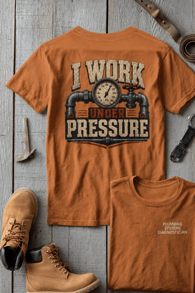 Funny Plumber Repair Graphic Tee "I Work Under Pressure" Back - "Plumbing Systems Diagnostician" Front — yam t-shirt, flat-lay product photo | Pressure Tested Co