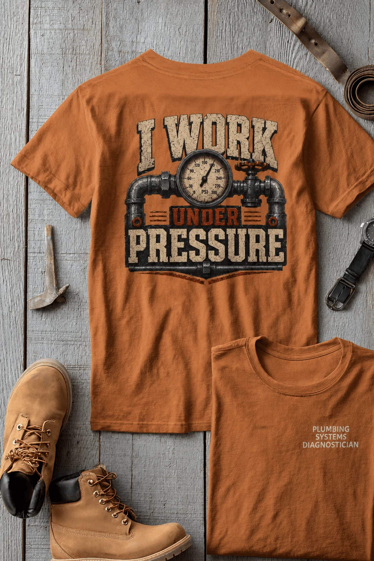 Funny Plumber Repair Graphic Tee "I Work Under Pressure" Back - "Plumbing Systems Diagnostician" Front — yam t-shirt, flat-lay product photo | Pressure Tested Co