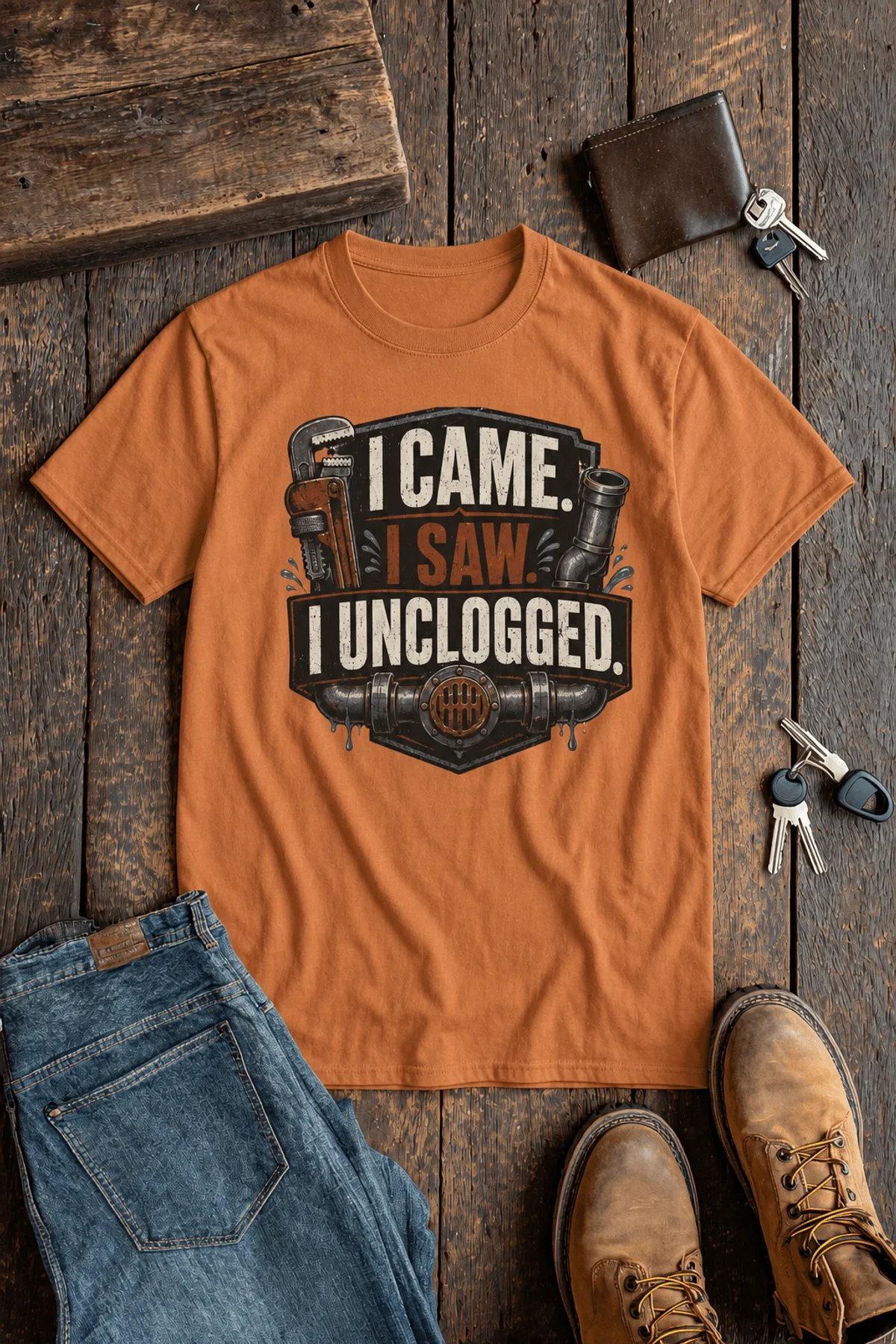 yam-flatlay-3 I Came. I Saw. I Unclogged. Plumber T-Shirt