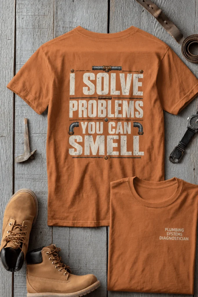 Funny Plumber Repair Graphic Tee "I Solve Problems You Can Smell" Back - "Plumbing Systems Diagnostician" Front — yam t-shirt, flat-lay product photo | Pressure Tested Co