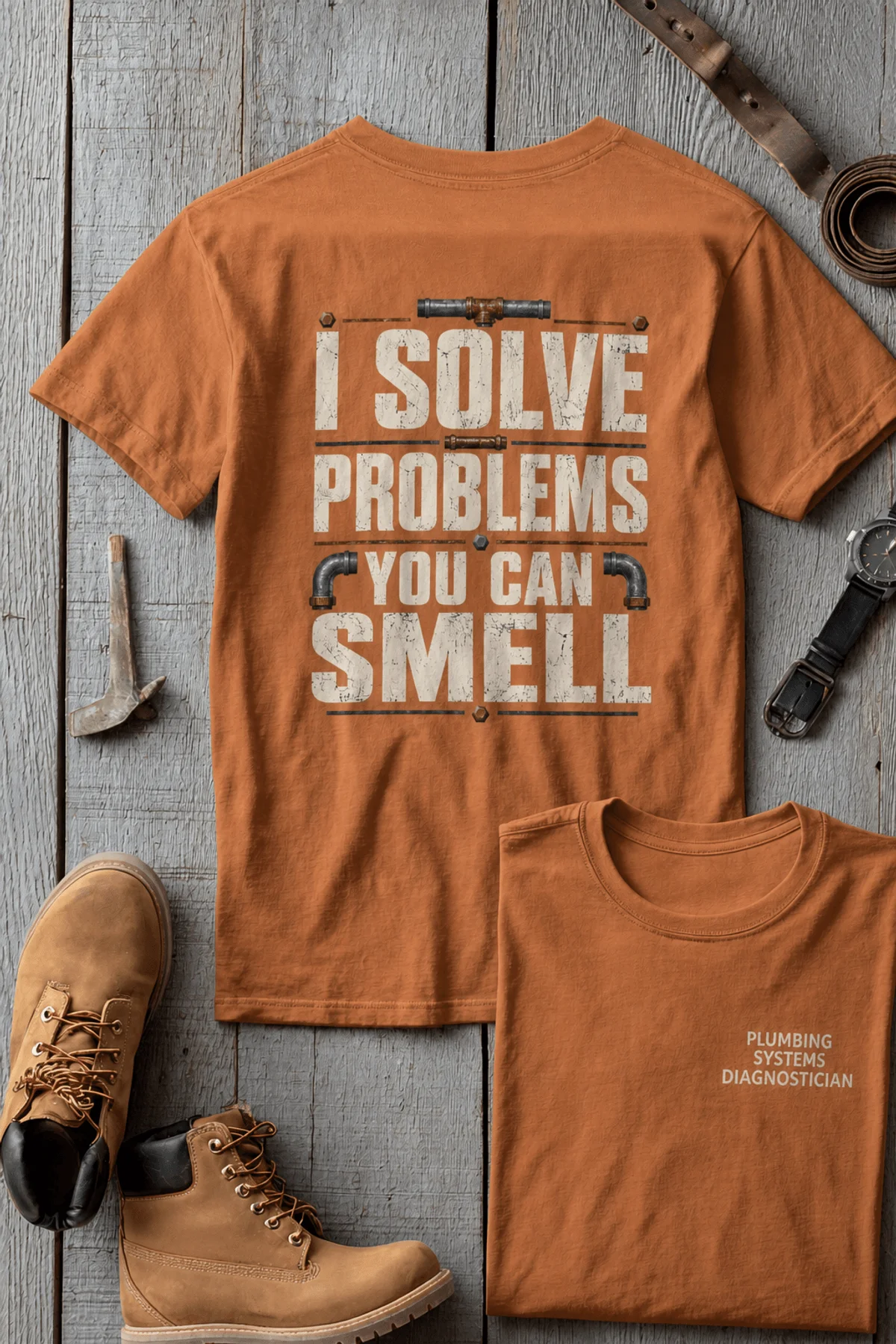 Funny Plumber Repair Graphic Tee "I Solve Problems You Can Smell" Back - "Plumbing Systems Diagnostician" Front — yam — Flat-lay Funny Plumber Repair Graphic Tee "I Solve Problems You Can Smell" Back - "Plumbing Systems Diagnostician" Front — yam t-shirt, flat-lay product photo | Pressure Tested Co
