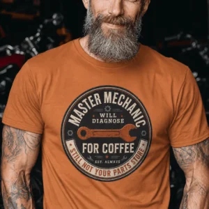Mechanic T-Shirt — "Master Mechanic: Will Diagnose for Coffee" Retro Wrench Tee - Image 25