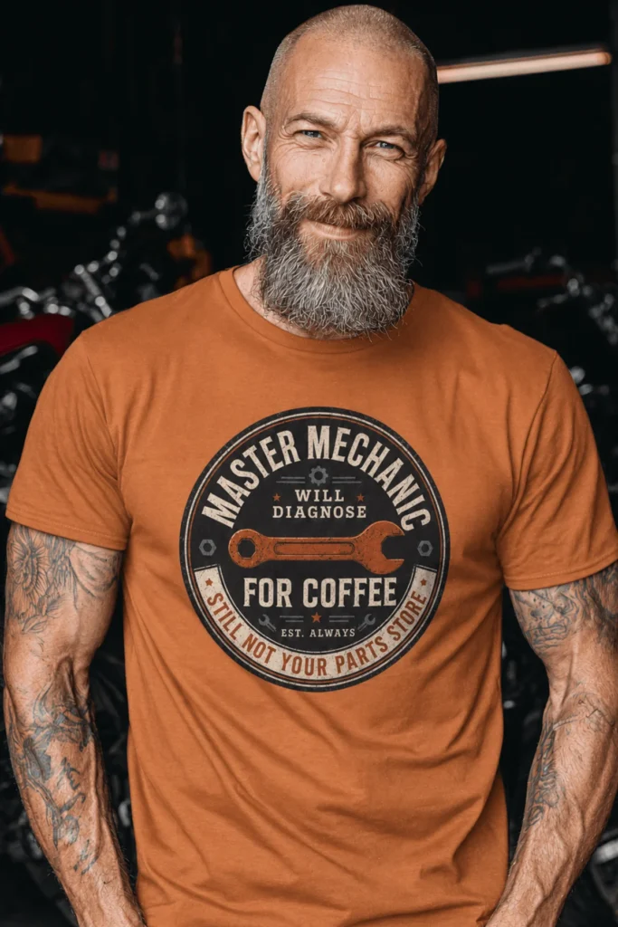Mechanic T-Shirt — "Master Mechanic: Will Diagnose for Coffee" Retro Wrench Tee