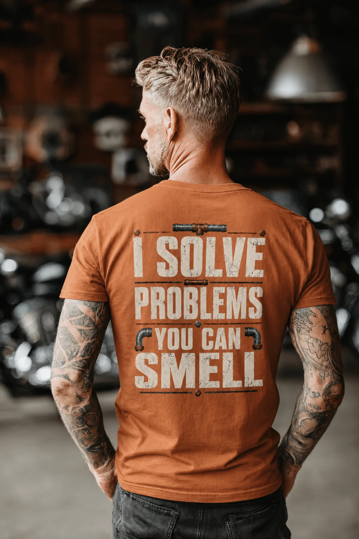 Funny Plumber Repair Graphic Tee "I Solve Problems You Can Smell" Back - "Plumbing Systems Diagnostician" Front — yam — Model Funny Plumber Repair Graphic Tee "I Solve Problems You Can Smell" Back - "Plumbing Systems Diagnostician" Front — yam t-shirt, model photo | Pressure Tested Co