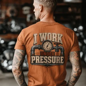 Funny Plumber Repair Graphic Tee "I Work Under Pressure" Back - "Plumbing Systems Diagnostician" Front — yam t-shirt, model photo | Pressure Tested Co