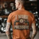 Funny Plumber Repair Graphic Tee "I Work Under Pressure" Back - "Plumbing Systems Diagnostician" Front — yam t-shirt, model photo | Pressure Tested Co