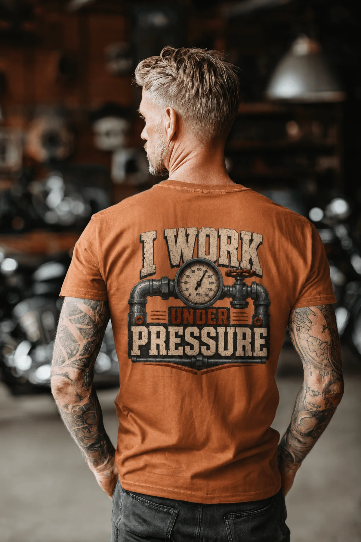 Funny Plumber Repair Graphic Tee "I Work Under Pressure" Back - "Plumbing Systems Diagnostician" Front — yam t-shirt, model photo | Pressure Tested Co