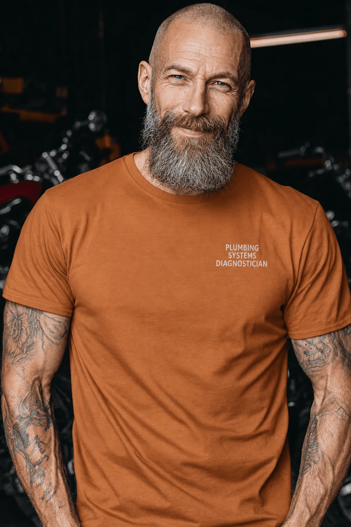 Funny Plumber Repair Graphic Tee "I Solve Problems You Can Smell" Back - "Plumbing Systems Diagnostician" Front — yam — Model Funny Plumber Repair Graphic Tee "I Solve Problems You Can Smell" Back - "Plumbing Systems Diagnostician" Front — yam t-shirt, model photo | Pressure Tested Co