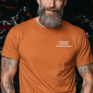 Funny Plumber Repair Graphic Tee "I Work Under Pressure" Back - "Plumbing Systems Diagnostician" Front — yam t-shirt, model photo | Pressure Tested Co