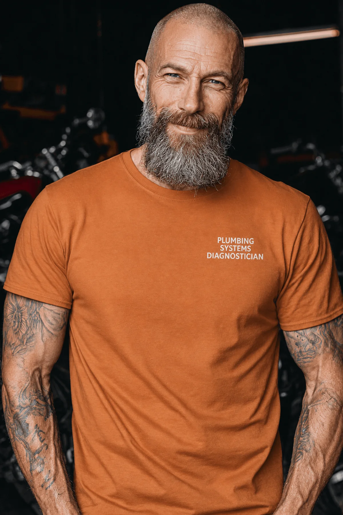 Funny Plumber Repair Graphic Tee "I Work Under Pressure" Back - "Plumbing Systems Diagnostician" Front — yam t-shirt, model photo | Pressure Tested Co