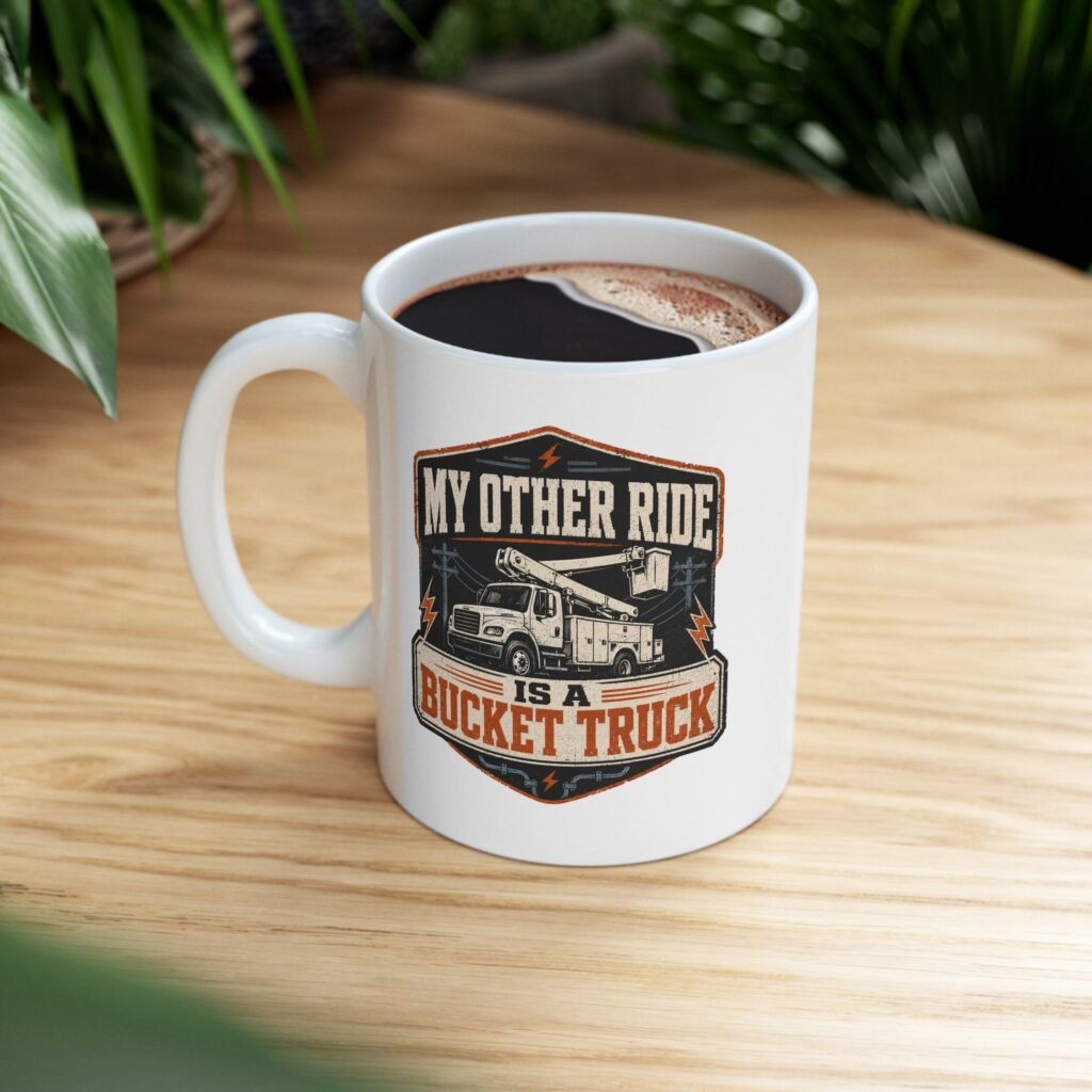 Electrician/Utility Crew Mug — "My Other Ride Is A Bucket Truck" Ceramic Coffee Cup (11oz and 15oz)