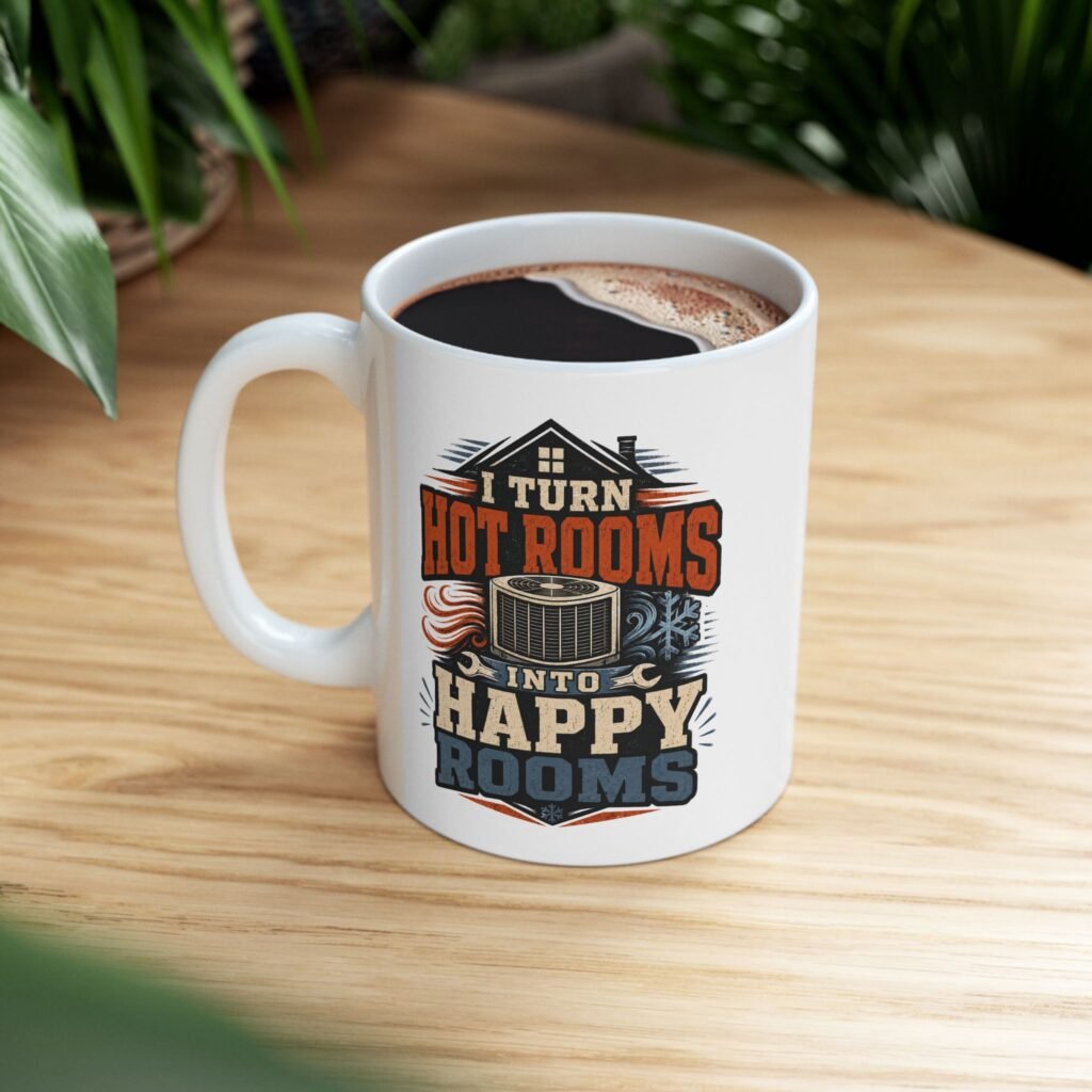 HVAC Technician Mug — "I Turn Hot Rooms Into Happy Rooms" Ceramic Coffee Cup (11oz, 15oz)