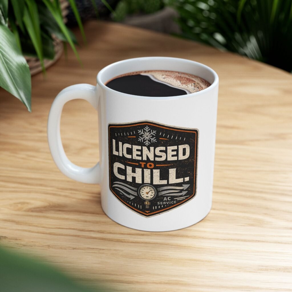 Humorous HVAC Technician Mug — "Licensed To Chill" Ceramic Coffee Cup (11oz/15oz)