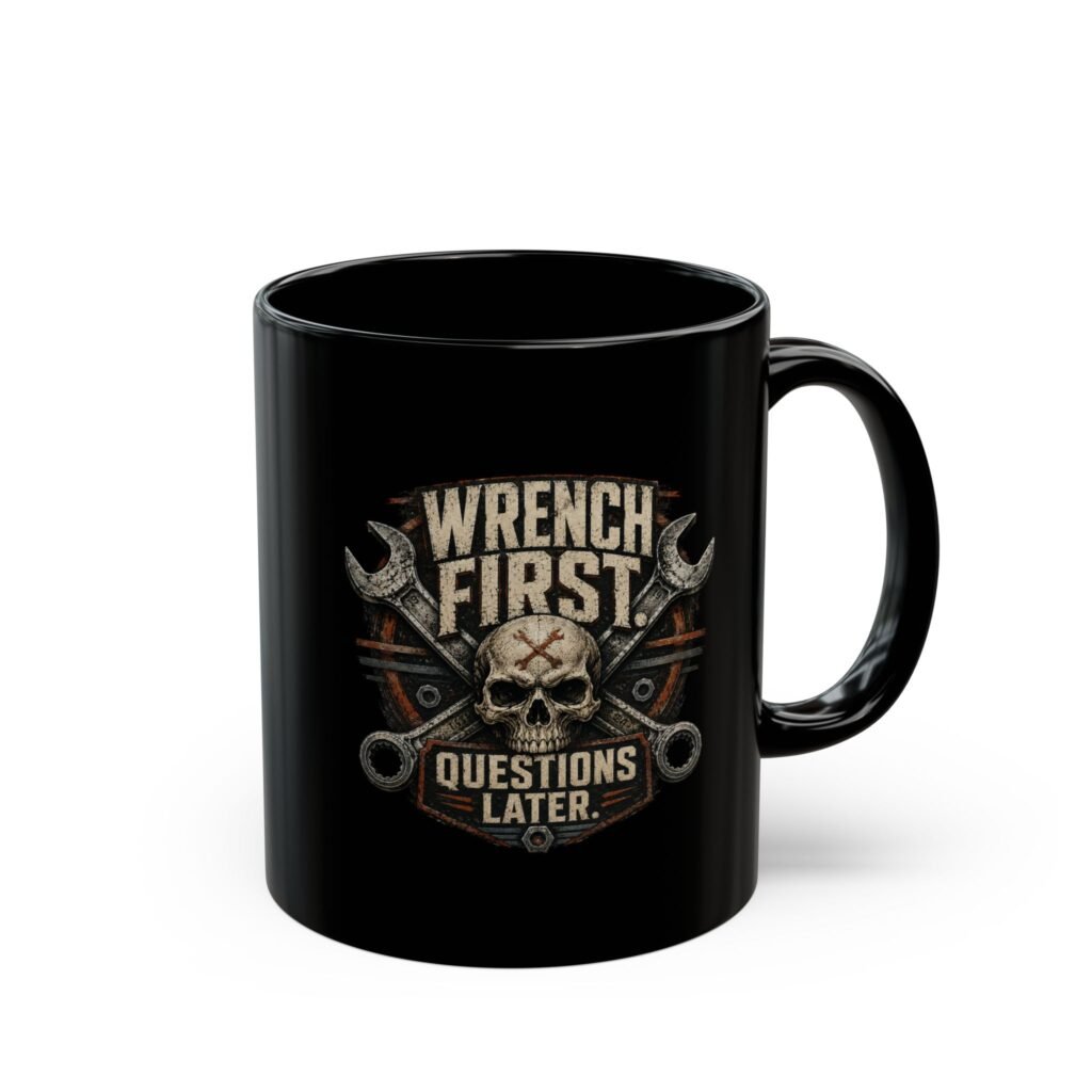 Wrench First Skull Mug — "Wrench First, Questions Later" Mechanic Coffee Mug (11oz/15oz)