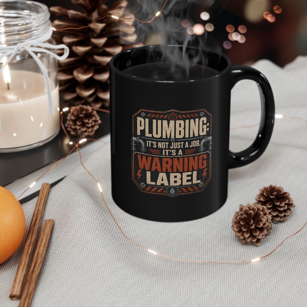 Plumbing Warning Label Mug — Funny Plumber Coffee Cup (11oz / 15oz)