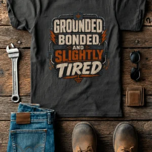 Grounded, Bonded and Slightly Tired Graphic Tee — Funny Electrical Worker Shirt — army t-shirt, flat-lay product photo | Pressure Tested Co