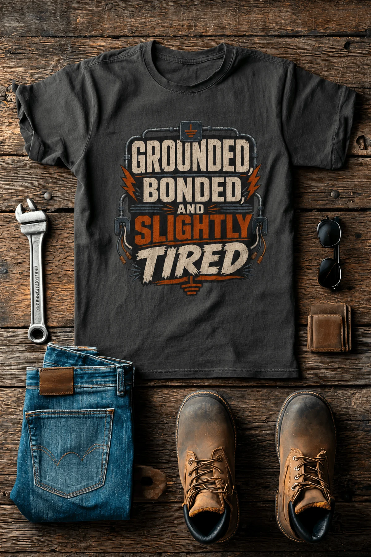 Grounded, Bonded and Slightly Tired Graphic Tee — Funny Electrical Worker Shirt — army t-shirt, flat-lay product photo | Pressure Tested Co