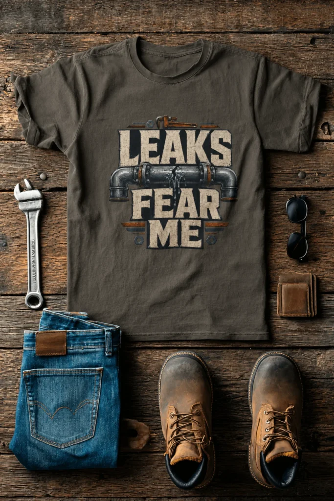 Leaks Fear Me T-Shirt - Funny Plumber Pipes Tee — army t-shirt, flat-lay product photo | Pressure Tested Co