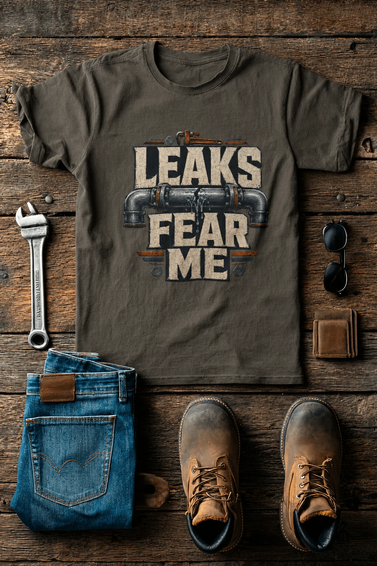 Leaks Fear Me T-Shirt - Funny Plumber Pipes Tee — army t-shirt, flat-lay product photo | Pressure Tested Co