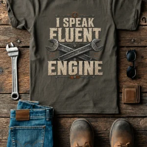 I Speak Fluent Engine T-Shirt — Mechanic Wrench Vintage Auto Repair Tee — army t-shirt, flat-lay product photo | Pressure Tested Co